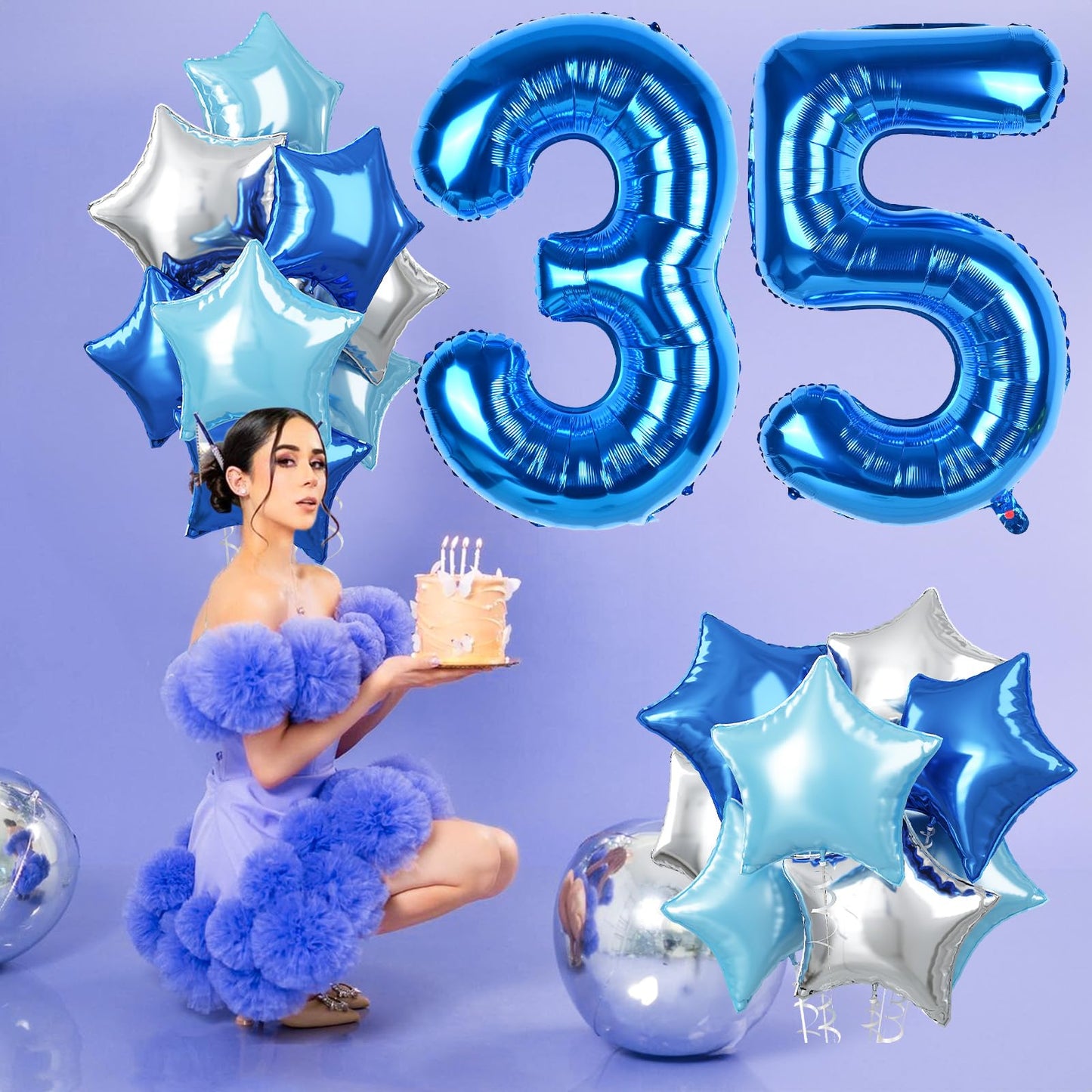 35Th Birthday Balloon Decoration For Men, Big Self Inflating Dark Light Blue Silver Star Number 35 Foil Balloons, 40 Inch Royal