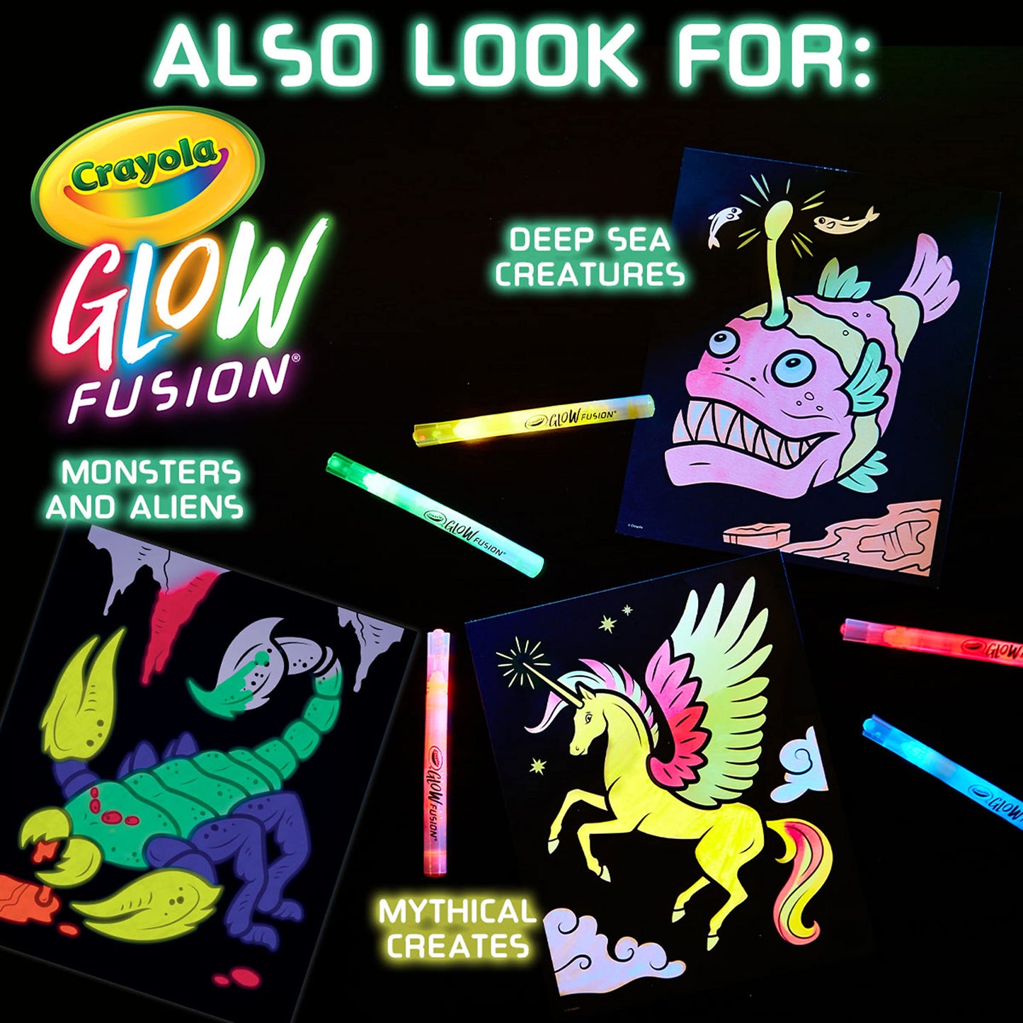 Crayola Glow Fusion Coloring Set - Glow in The Dark Markers & Mythical Creature Pages, Blue/Green/Orange/Red, Model 747491