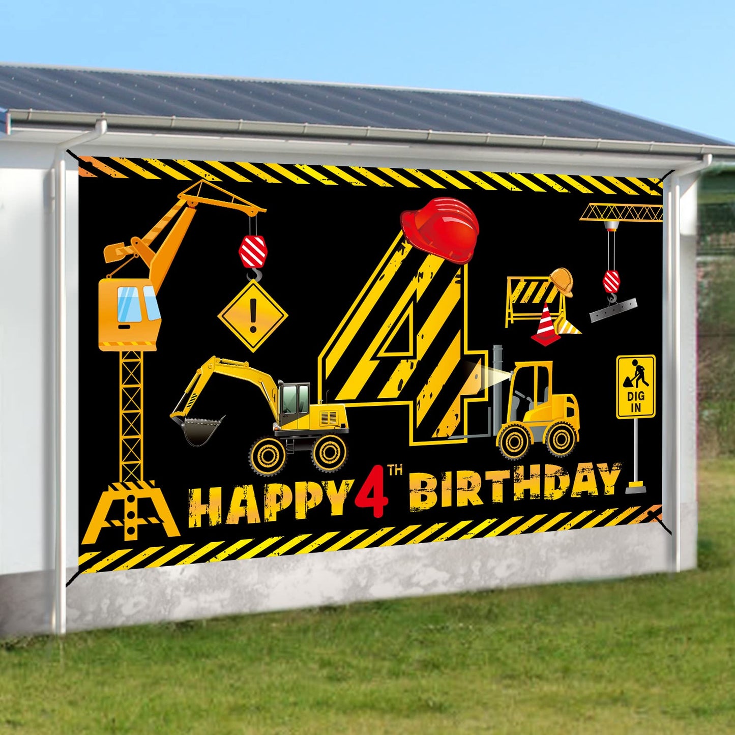 Construction 4Th Birthday Banner Decorations For Boys Kids, Dump Truck Construction Theme Four Birthday Party Supplies, Excavato
