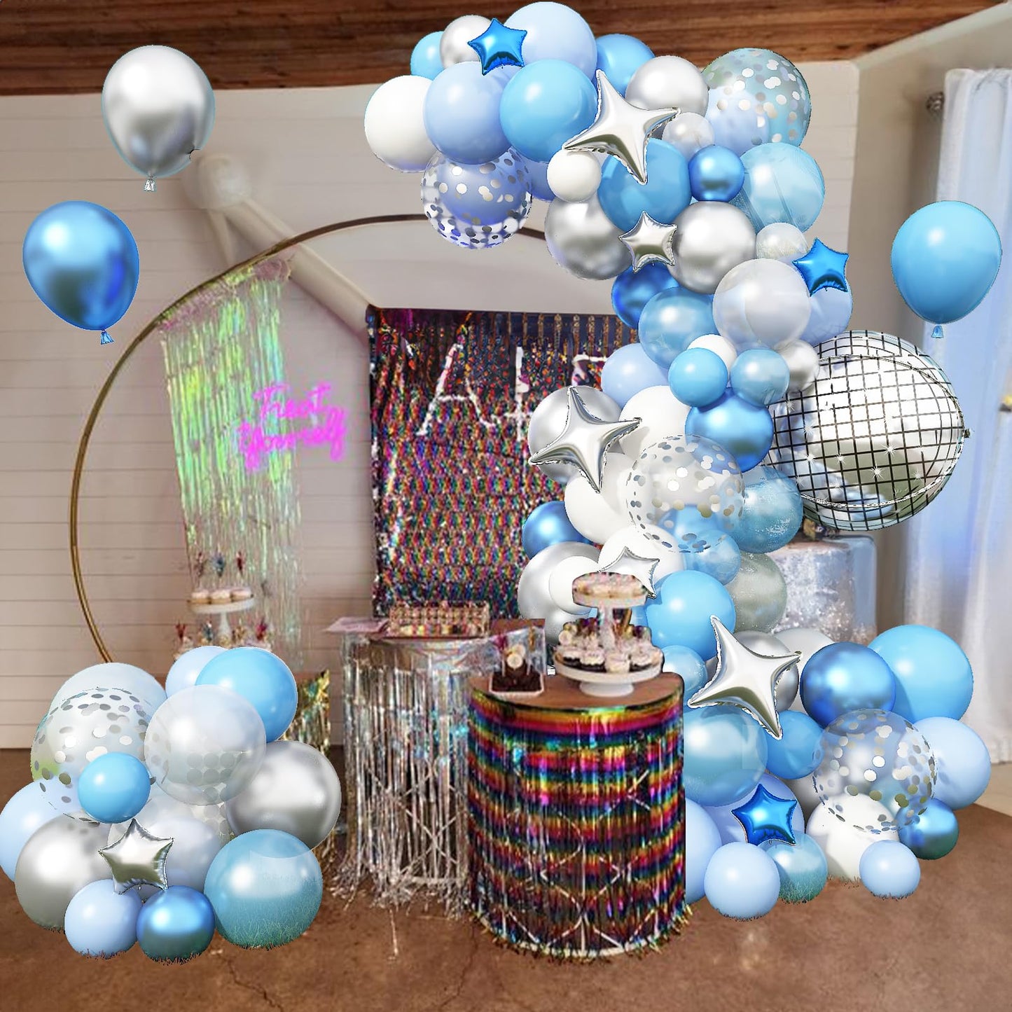 Blue Balloon Arch Kit, Blue And White Balloon Garland With 22 Inch Disco Ball Balloons Metallic Silver Star Foil Balloons, Silve