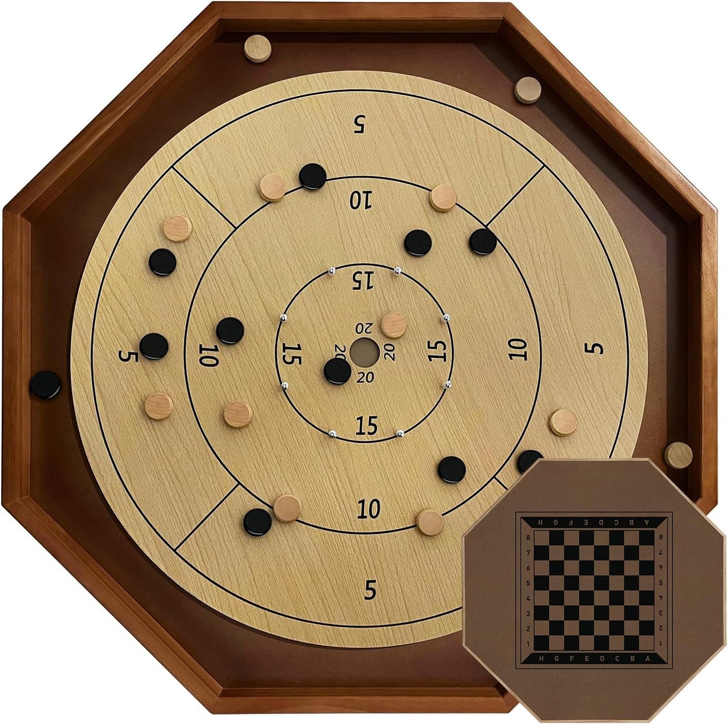 27 Inch Tournament Crokinole Board Game  2 in 1 Crokinole and Checkers with 22  Playing Surface  Metal Pegs  Wooden Octagon Canadian Tabletop Board Game Krokinole for Families and Friends