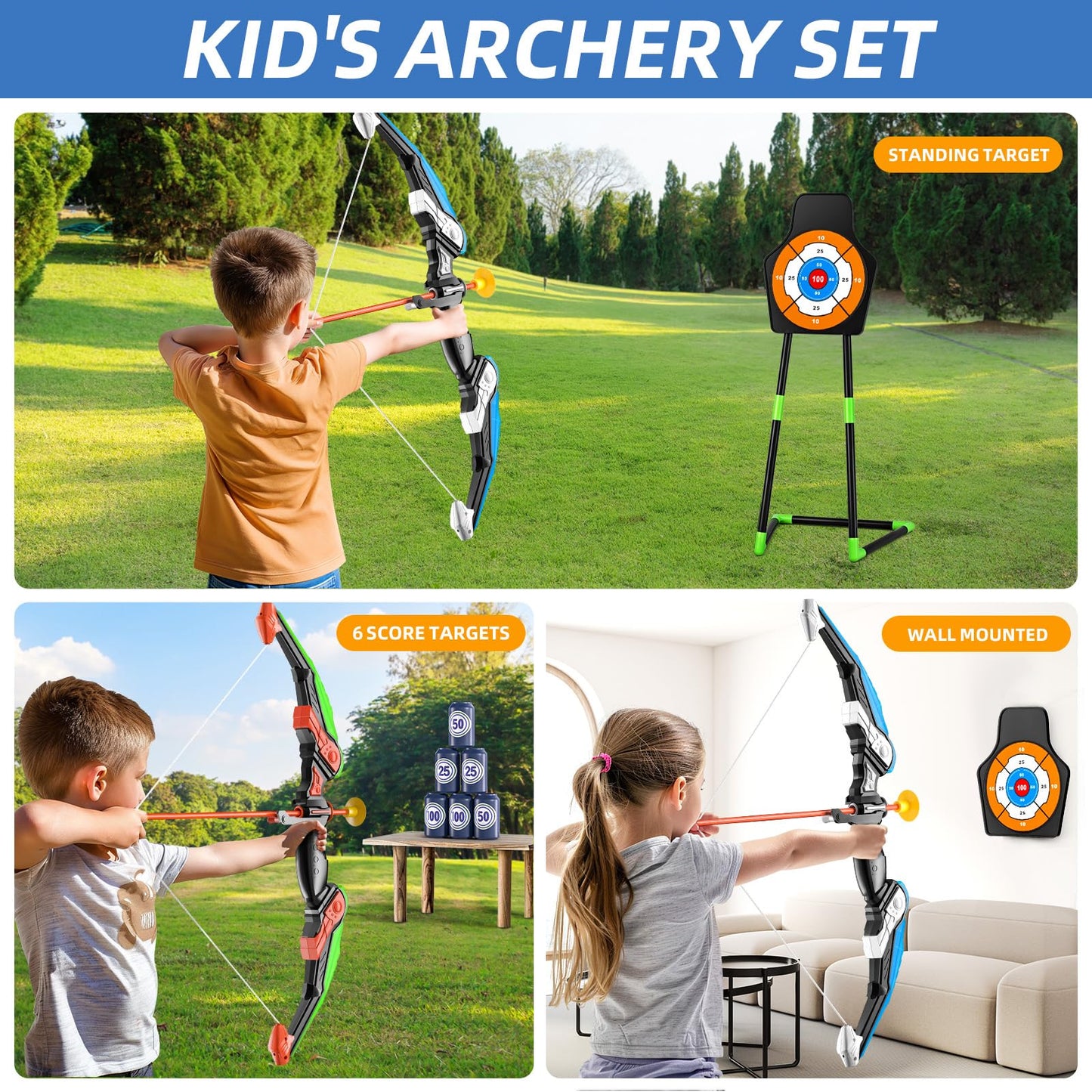 Niplooow 2 Pack Kids Bow And Arrow Set, Led Light Up Archery Toy Set With 30 Suction Cup Arrows, Standing Target, Quiver & 6 Sco