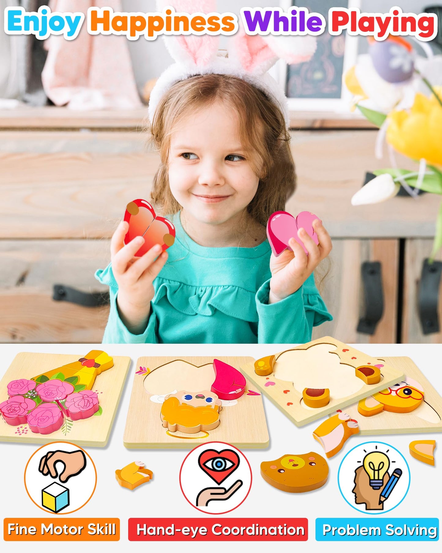 Benresive Valentines Day Wooden Toddler Puzzles Ages 1-3, Montessori Toys For 1 2 Year Old Boys Girls, 4 Pack Valentines Day Tod