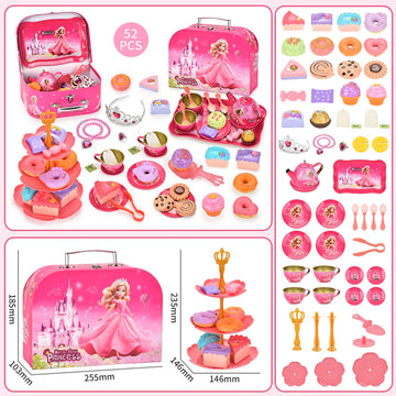 Lajeje 52 Pcs Tea Party Set for Little Girls, Pretend Tin Teapot Set, Princess Tea Time Play Kitchen Toy with Cups, Plates and A