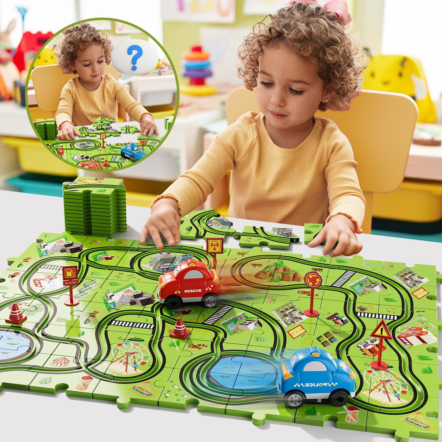 Bennol Jigsaw Puzzle Race Track Car Set for Toddlers, 56 Pieces, Plastic, Model YH005A-B4, Gifts for Boys Ages 2-5, Color 005