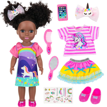 Ecore Fun 14 Inch Black Doll with Black Baby Doll Clothes Accessories - Including Dress  Top  Skirt  Shoes  Comb  Mirror  Hairclip  Phone & Stickers - African Realistic Silicone Girl Dolls for Girls