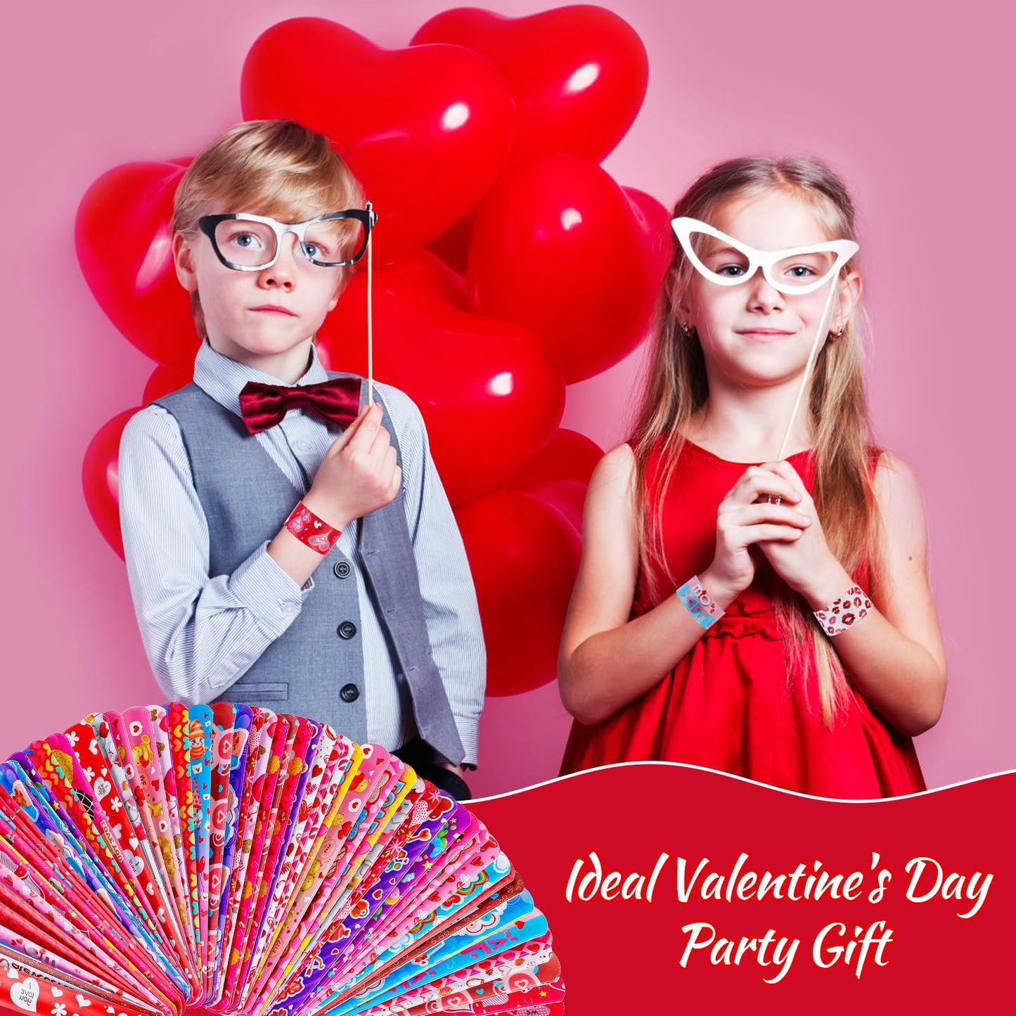 LUYI 108 Pcs Valentines Day Slap Bracelets Wristbands Valentines Day Party Supplies Toys School Class Classroom Game Prizes Good