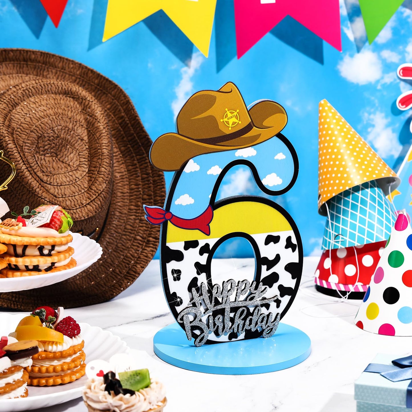 Vercraft Toy Theme 6th Birthday Party Number Centerpiece Cartoon Party Number Sign Blue Sky and White Cloud Cow Birthday Sign fo