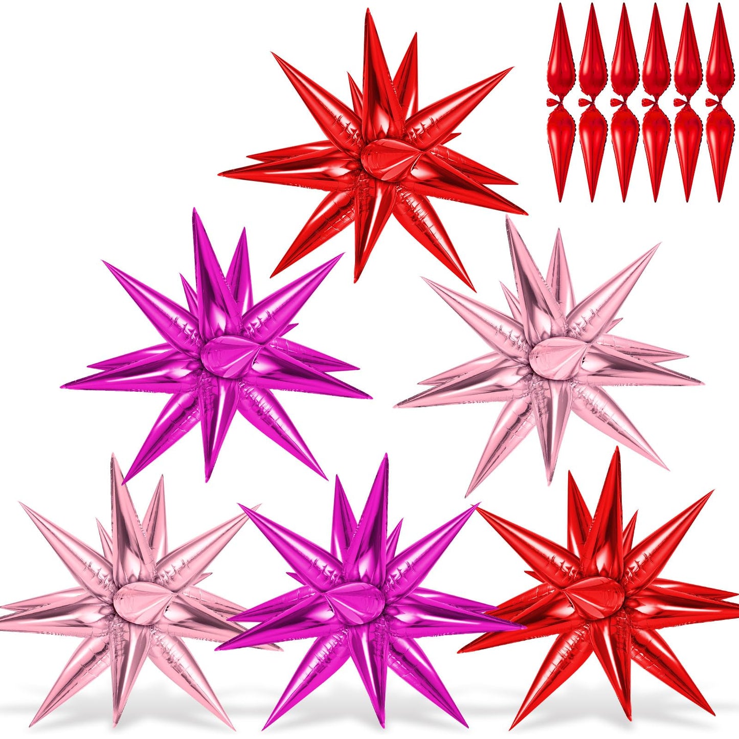 72 Pcs Pink Red Rose Gold Star Balloons, Big 26 Inch Explosion Starburst Foil Cone Balloons, Valentines Day Theme Balloons, 12 P