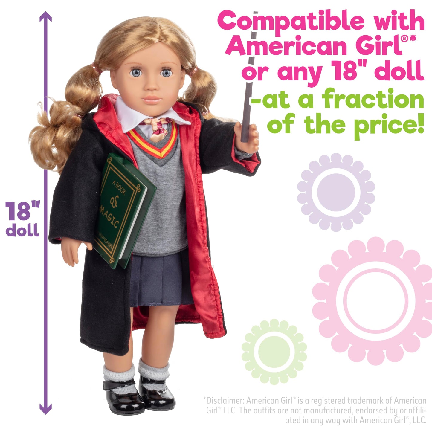 Deluxe 11Pc Hermione Granger Inspired 18 Doll Outfit-Compatible With American Girl Outfit & Accessories Set Includes Robe, Wand,