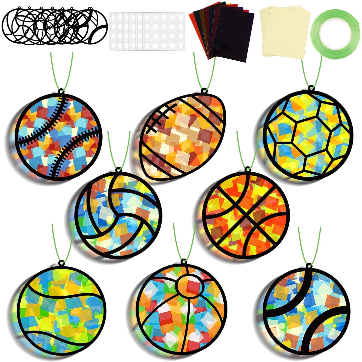 32 Sets Sports Ball Suncatchers Craft Kit DIY Window Stained Glass Effect Football Baseball Basketball Paper Craft Home School C