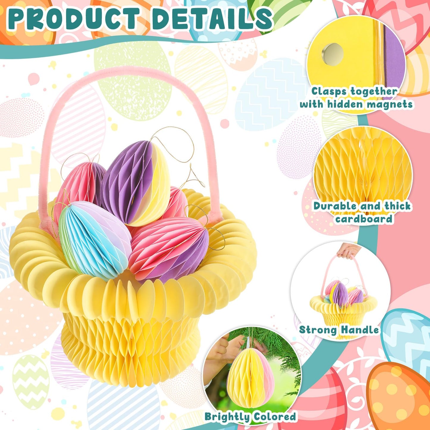 Chiisong 6 Pcs Easter Eggs Basket Set Paper Honeycomb Eggs Easter Buckets with Handle Magnetic Easter Party Decoration for Hunt
