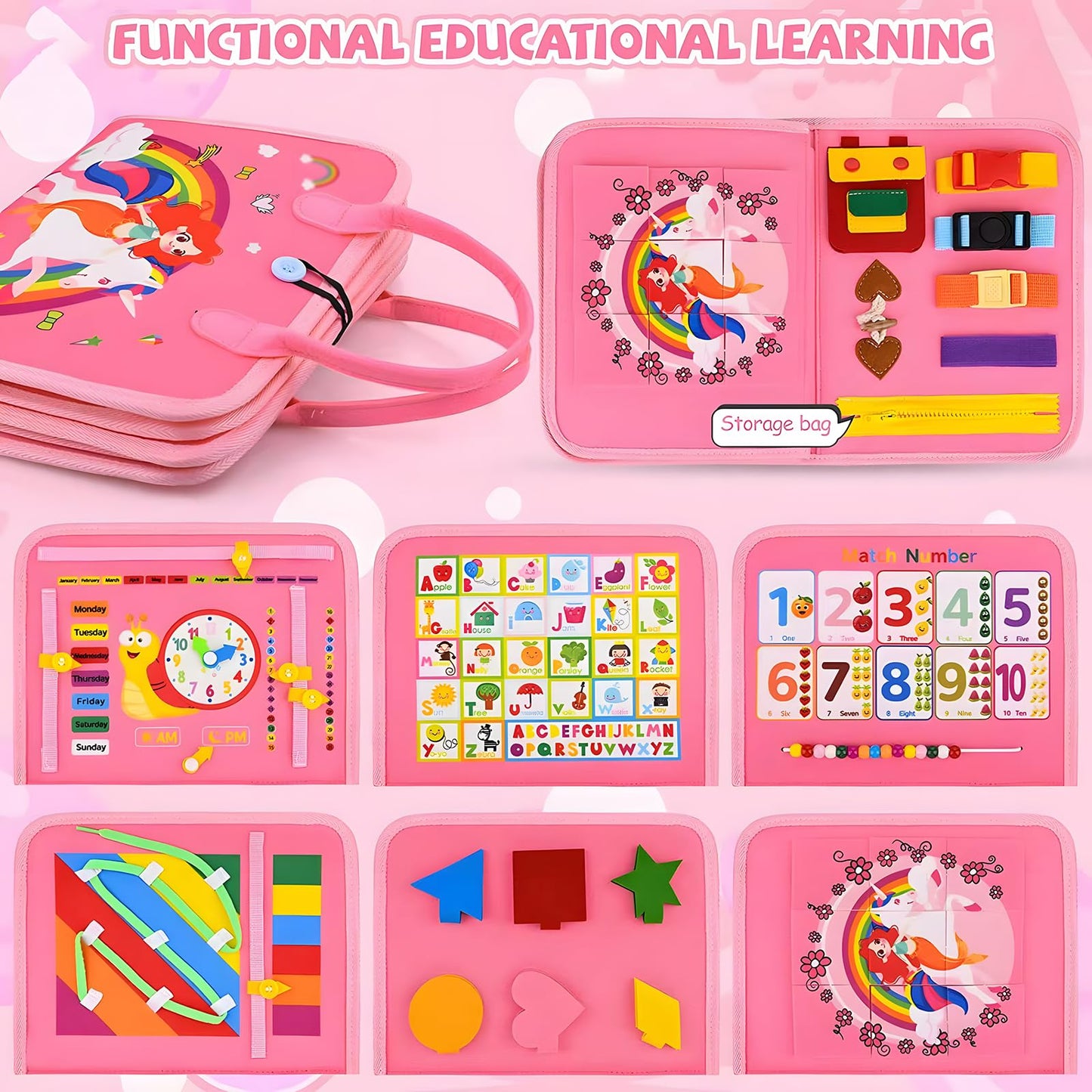 Busy Board for 1 Year Old Sensory Toys for Toddlers 1-3 Montessori Learning Busy Book for Boys Girls Preschool Toys Gift (Pink)