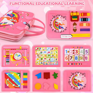Busy Board for 1 Year Old Sensory Toys for Toddlers 1-3 Montessori Learning Busy Book for Boys Girls Preschool Toys Gift (Pink)