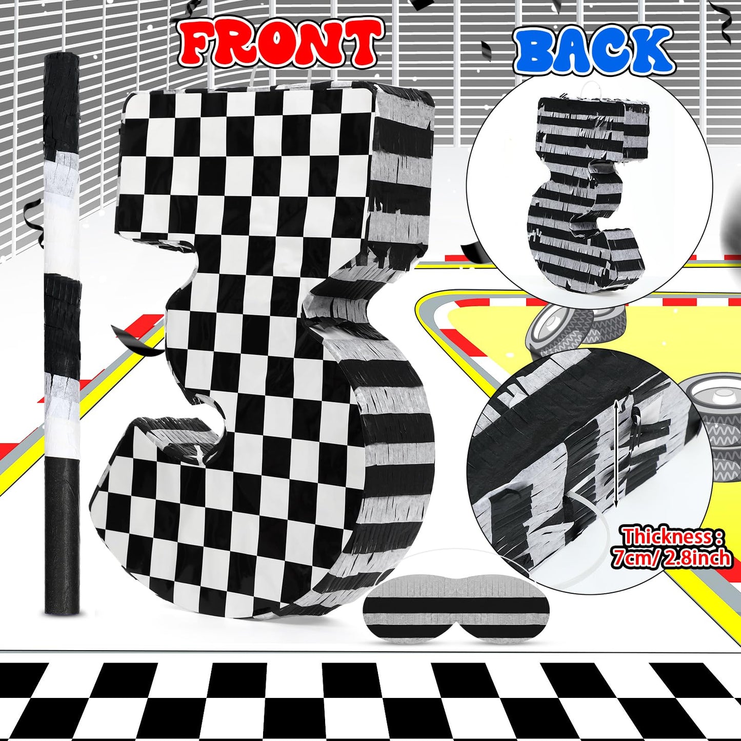 Lewtemi Race Car Number Piata Small Checkered Race Car Birthday Party Decoration Black and White Racing Piata with Stick Confett