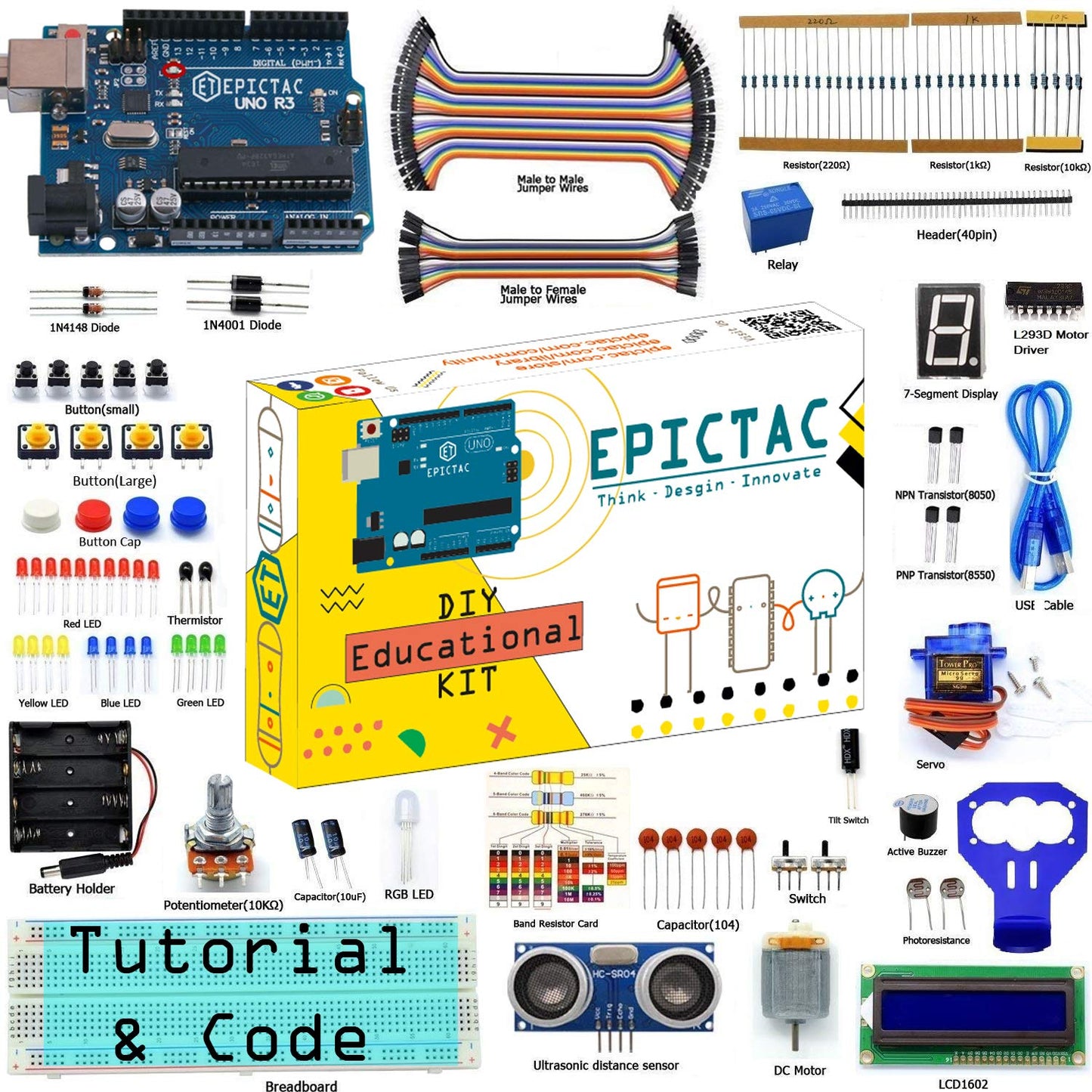Epictac Beginners Basic Starter Kit For Arduino Uno R3 With Ultrasonic Sensor, Lcd1602, Sg90, Relay Including Code & Tutorial - 