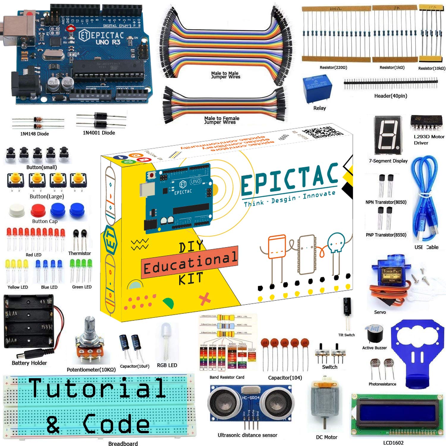 Epictac Beginners Basic Starter Kit For Arduino Uno R3 With Ultrasonic Sensor, Lcd1602, Sg90, Relay Including Code & Tutorial - 