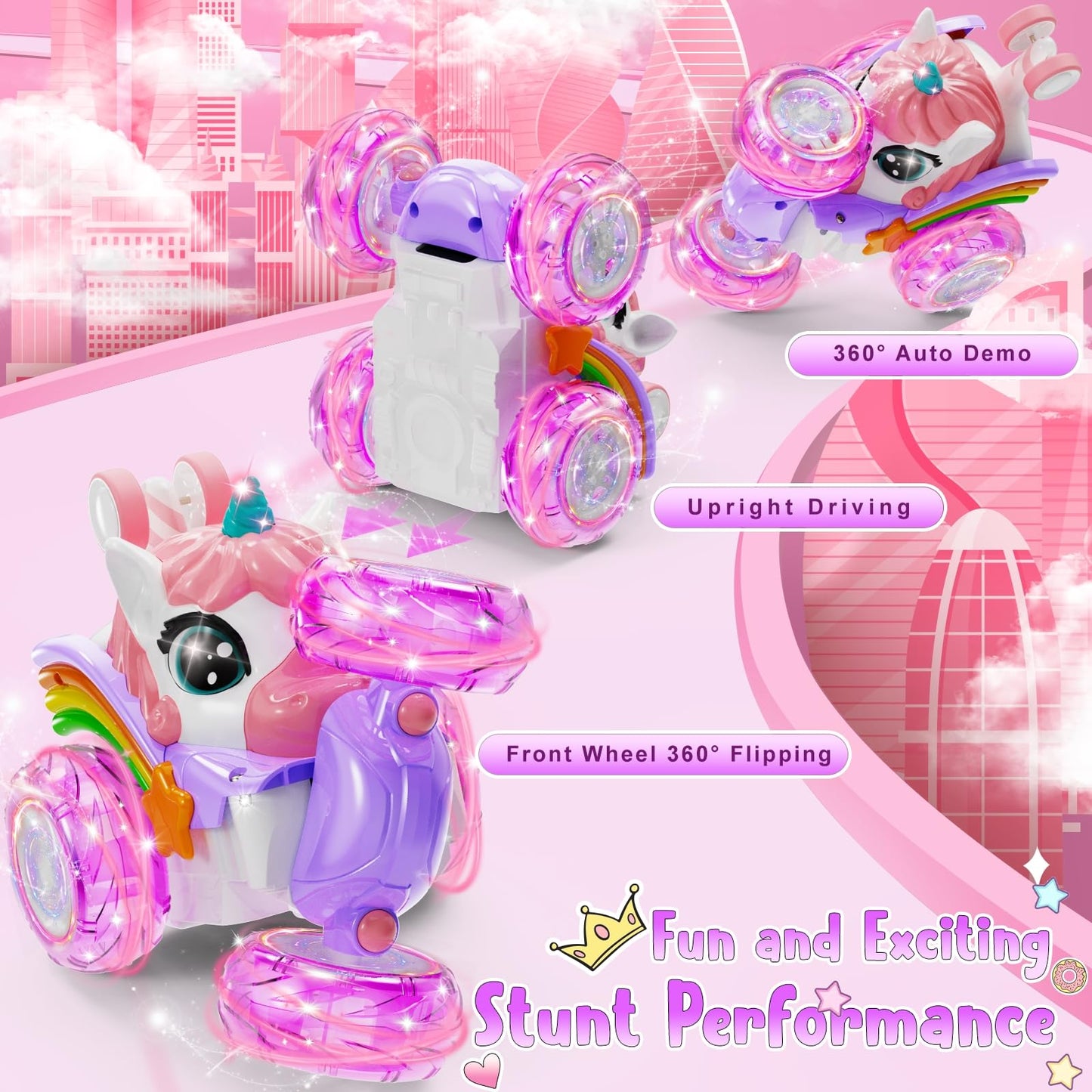 Unicorn Remote Control Car for Girls, 360 Rotating 4WD Stunt RC Cars with Cute Lights, Rechargeable Car Toys Birthday Gifts for