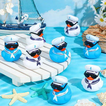 Shappy 24 Pcs Cruise Duck Bulk With Sunglasses Sets 2 X 1.9 X 2.4 Inch Mini Sailing Rubber Ducks Summer Cruise Ship Toy Squeaky Bath Party Toy Duckies For Birthday Party Favors (Blue,White)
