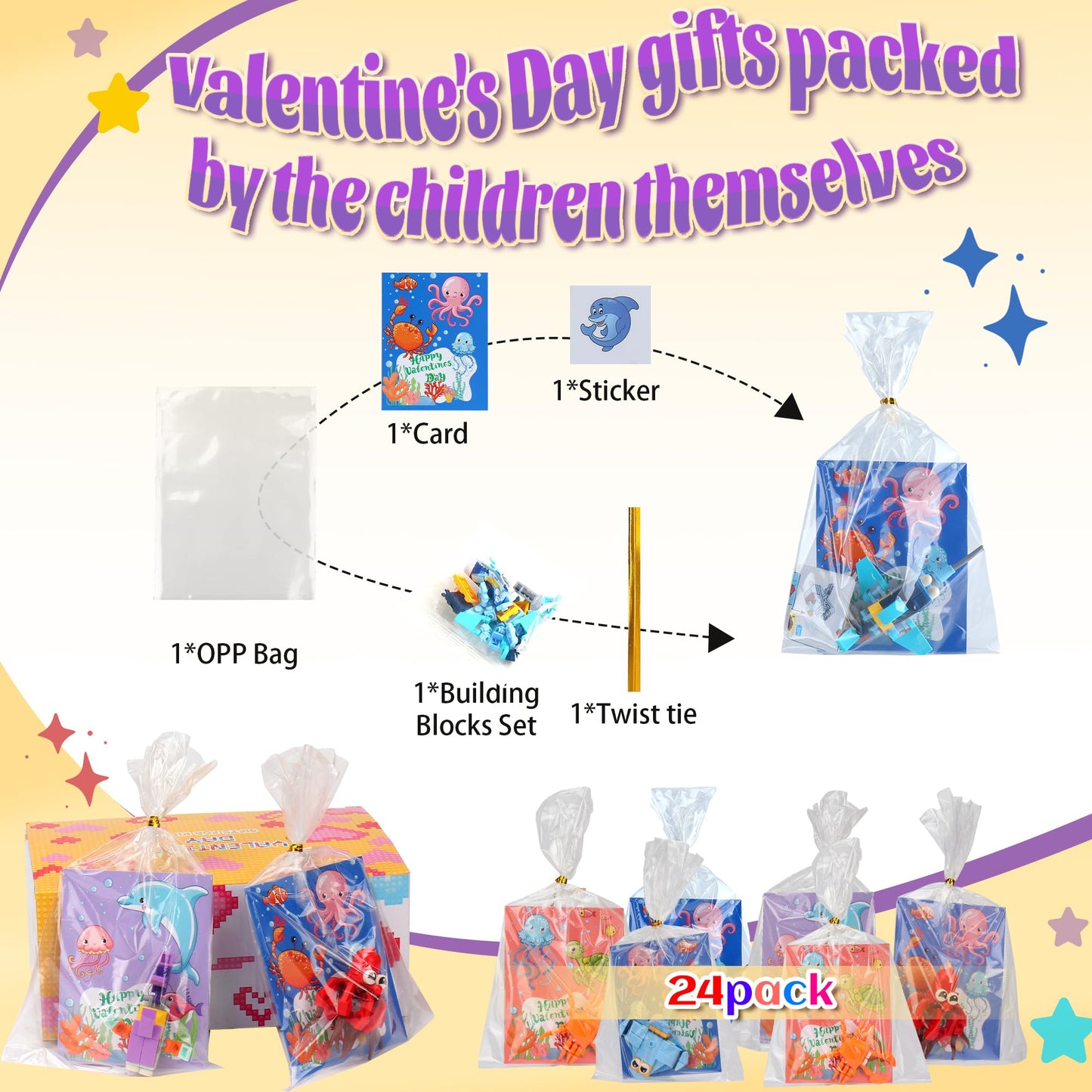 Extpro 24 Packs Valentines Day Gifts For Kids, Animal Building Blocks With Valentines Cards Stickers For Classroom School Goodie