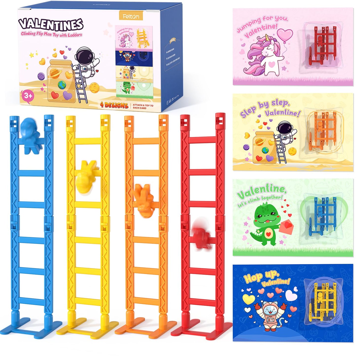 Feltom 28 Pack Valentine Gifts for Kids, Valentine Flip Ladder Toys with Cards for Kids Classroom Exchange, Fun Tumbling Man Sta