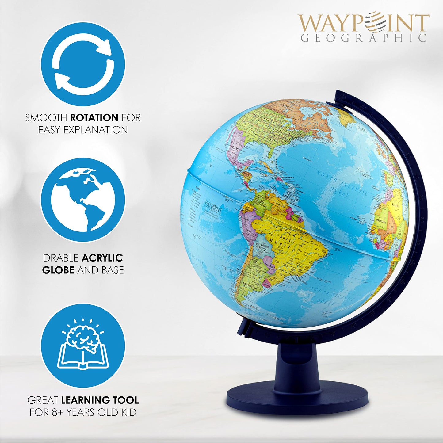 Waypoint Geographic Scout Globe, 12” Interactive Globe For Kids And Adults, World Globe With Stand, Decorative Learning Resources For Classroom Or Office Desk Decor, Blue