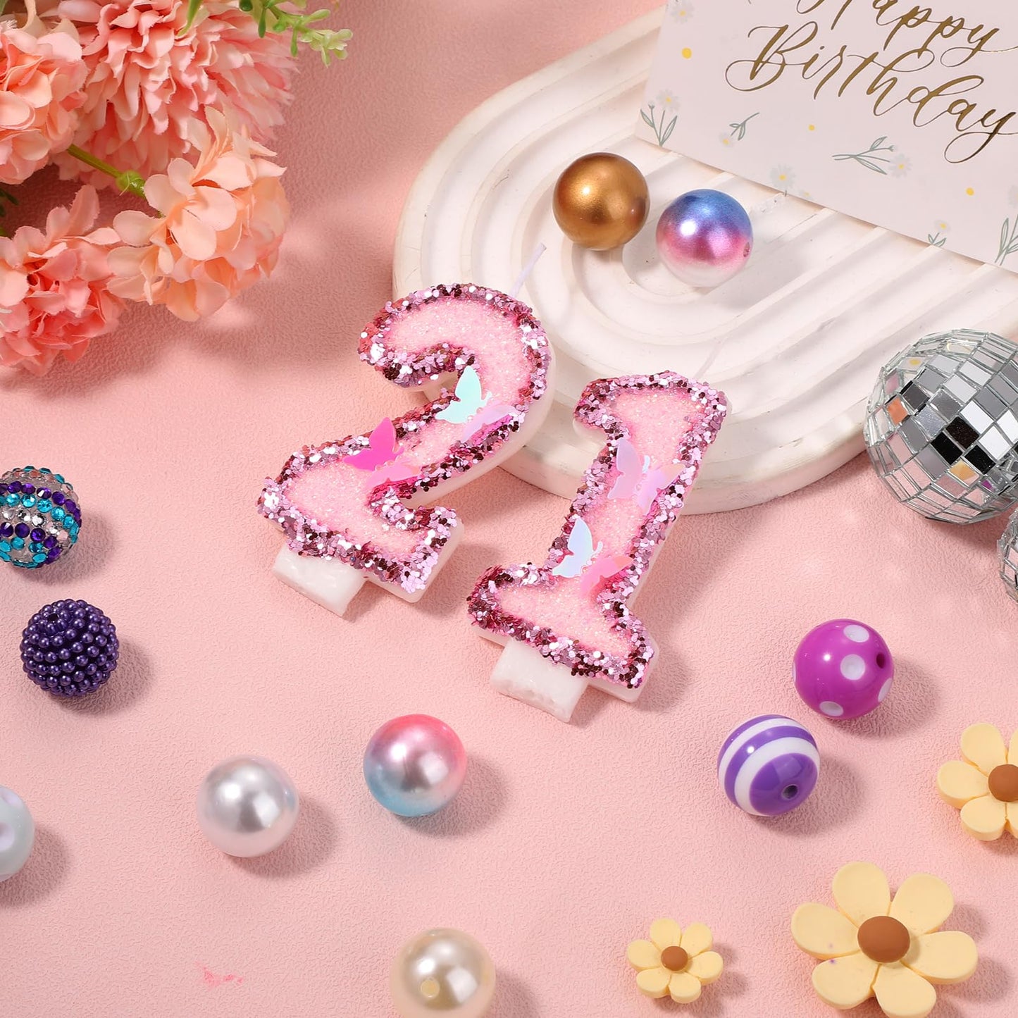 BOXOB Girls Birthday Candles - 21th Glitter Butterfly Cake Toppers, Pink Wax, 2.95in, Perfect for Anniversary & Party Supplies