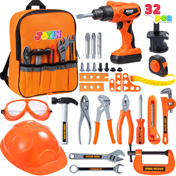 JOYIN 32PCS Kids Tool Set, Pretend Play Toddler Tool Toys with Construction Backpack Costume & Electronic Toy Drill for Boy Girl