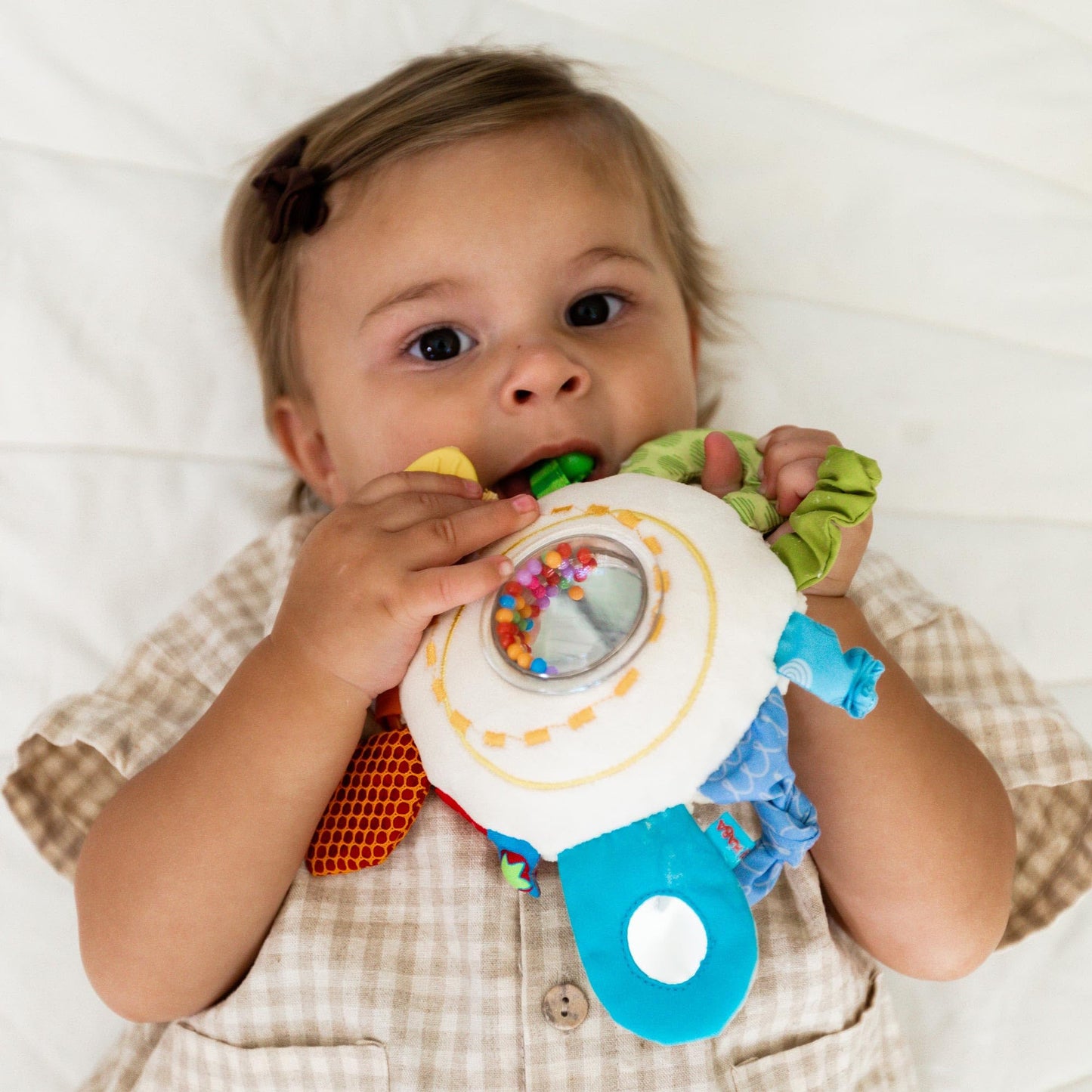 HABA Teether Cuddly Rainbow Round - Soft Multicolor Activity Toy with Rattling & Teething Elements, Model 301670