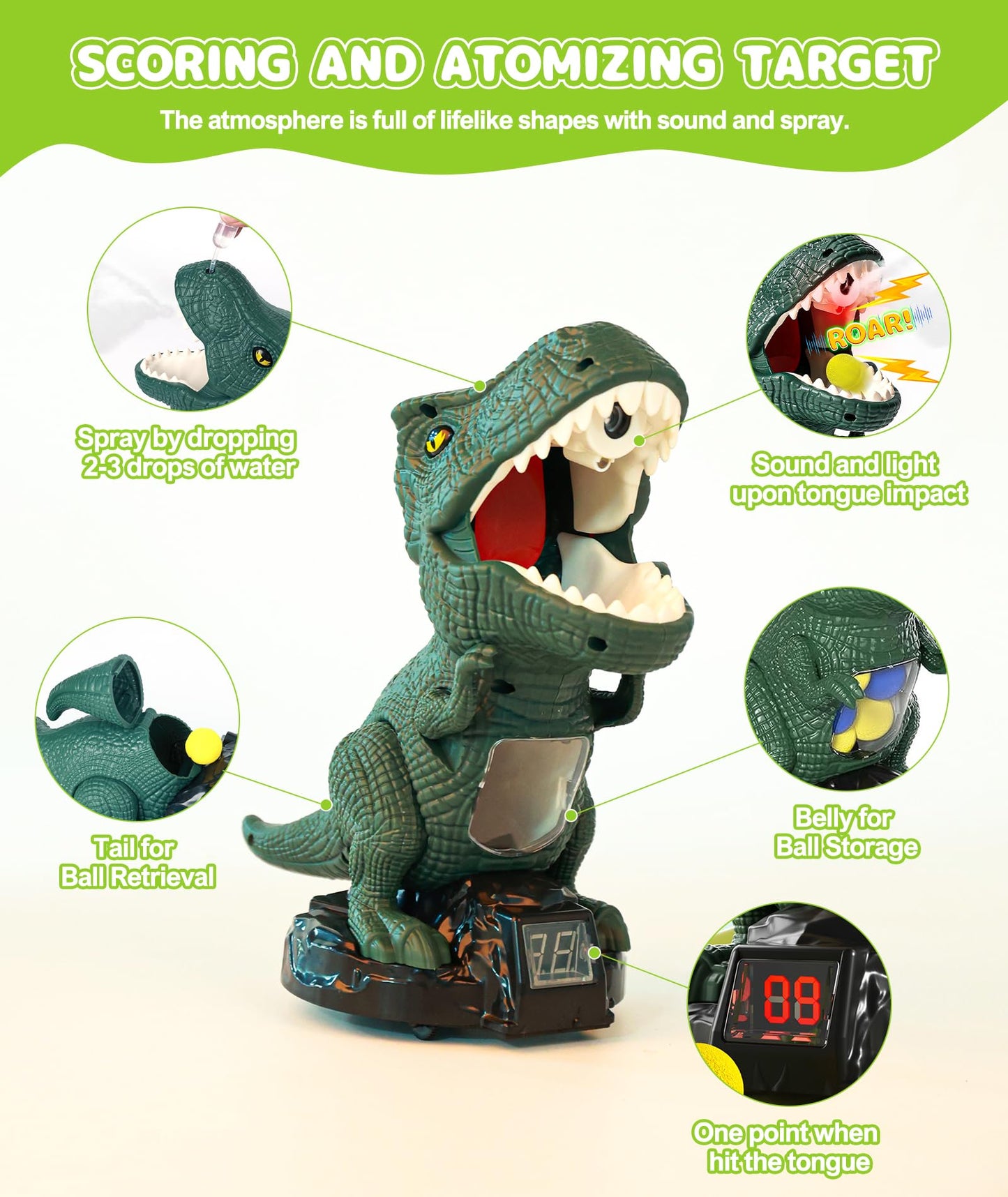 Protado Dinosaur Shooting Toy For Boys Girls, Movable Target Shooting Games With 2 Air Pump Launcher, 48 Foam Balls, Led Score R