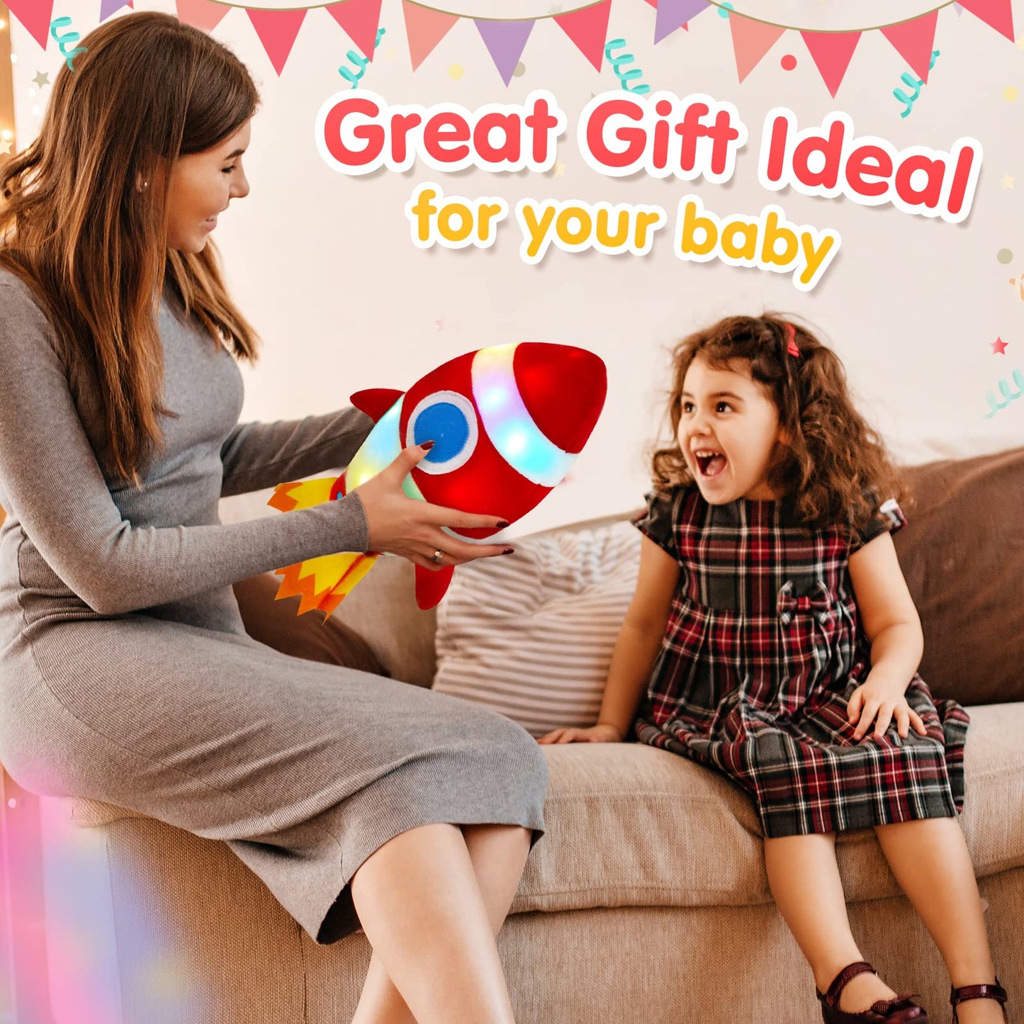 Bstaofy Light Up Red Rocket Plush Toys Stuffed Led Glow Soft Cozy Nightlight Kids Gifts For Toddlers On Birthday Christmas, 14.5’’