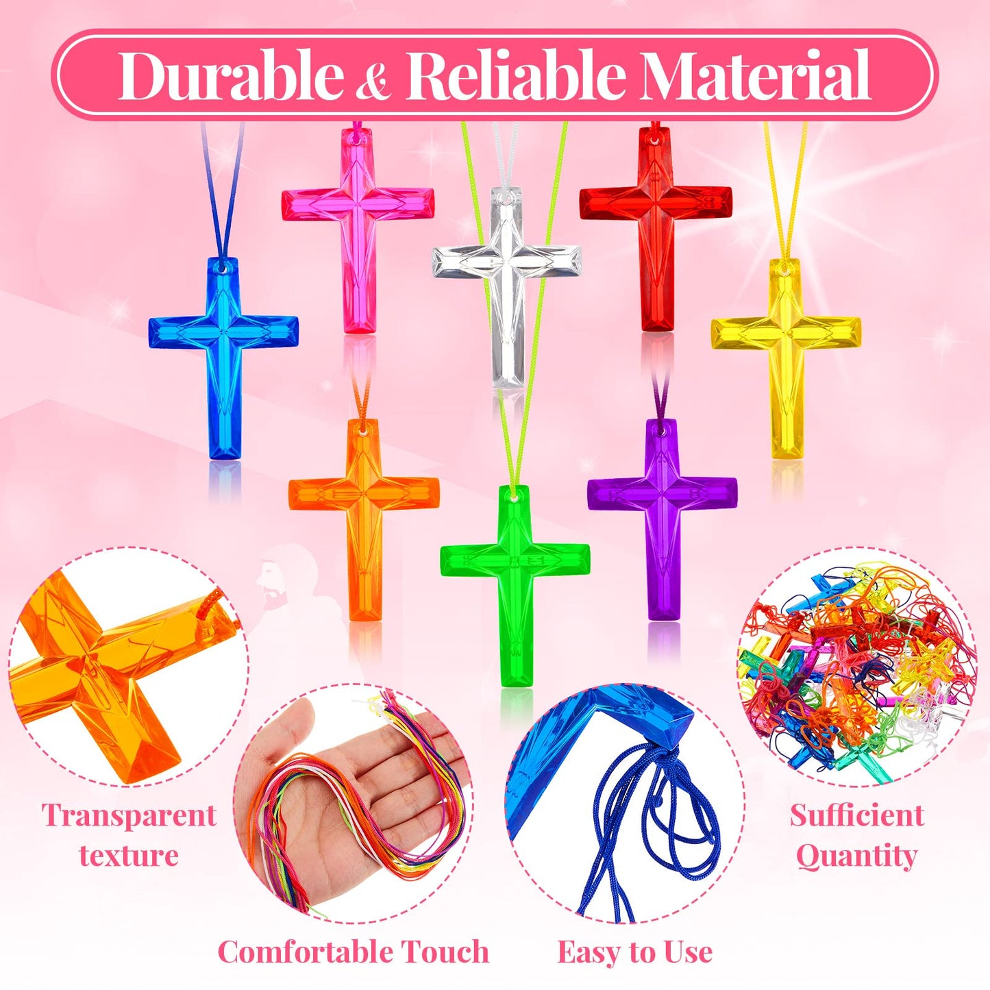 96 Pcs Crystal Cross Necklace Plastic Colored Necklaces Christian Religious Party Favors Christian Toys for Sunday School Prize