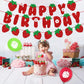 Zwiebeco Strawberry Birthday Party Decoration Supplies - Red Green Strawberry Happy Birthday Sign Banner Bunting Garland Hanging