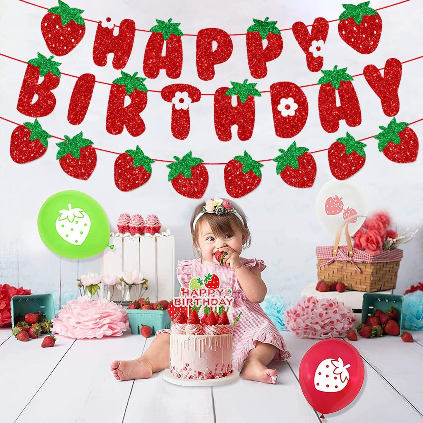 Zwiebeco Strawberry Birthday Party Decoration Supplies - Red Green Strawberry Happy Birthday Sign Banner Bunting Garland Hanging
