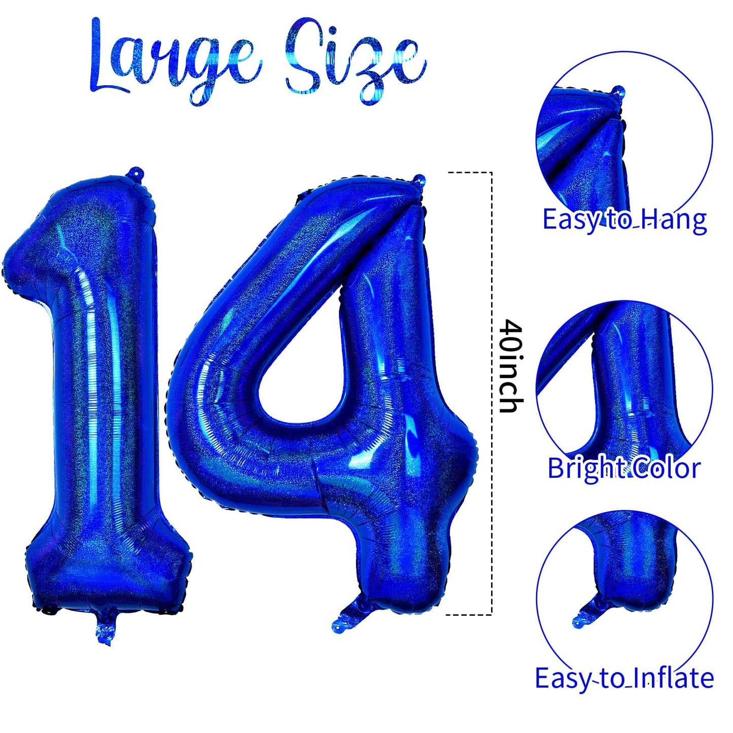 Number 14 Balloon 40 Inch, Dark Blue Big Number Balloon, Giant Foil 14 Balloons Number, Laser Blue Helium Birthday Balloons For
