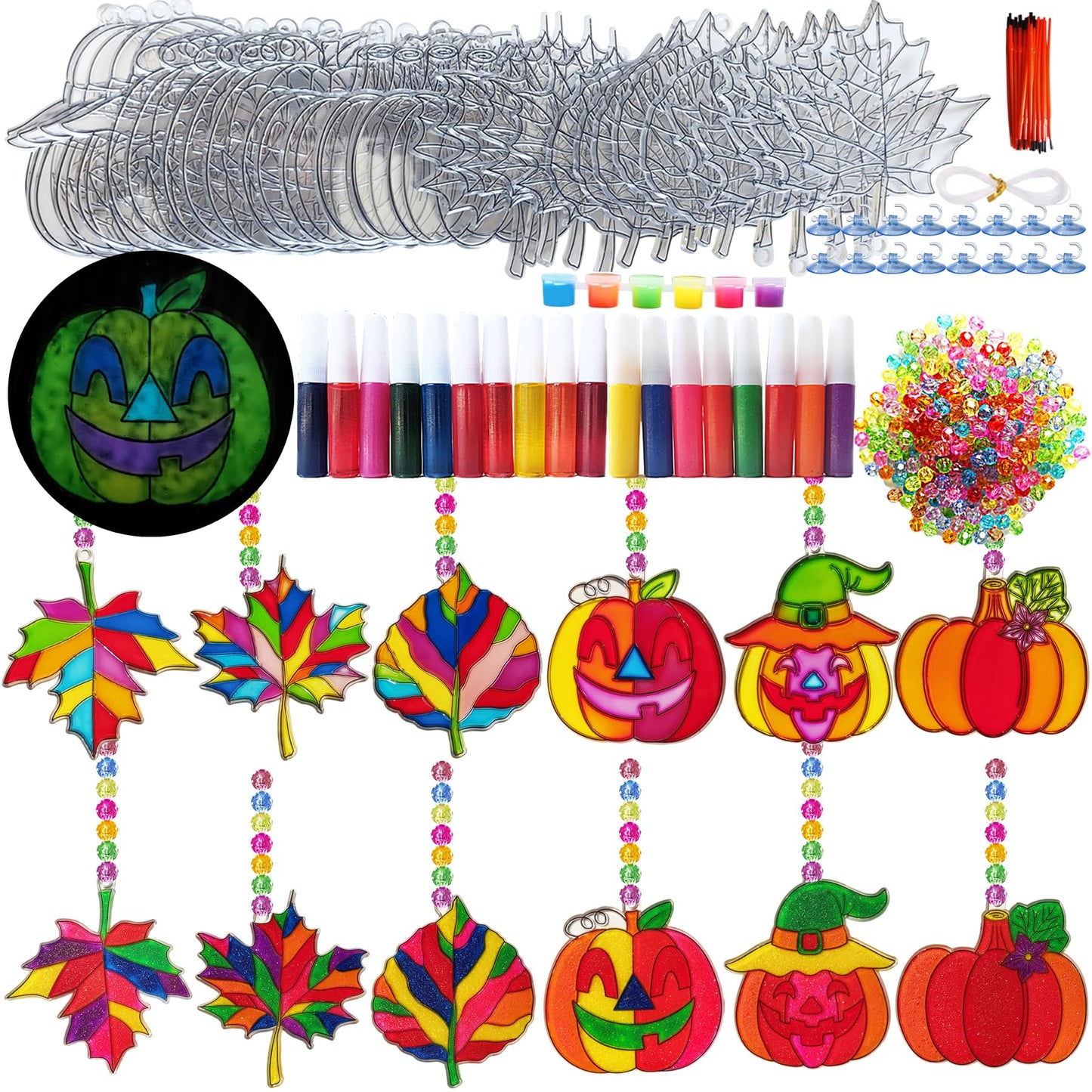 Ayhuhra 30 Sets Fall Leaf Pumpkin Suncatchers Craft Kits DIY Window Suncatchers Fall Pumpkin Arts and Crafts Activities Hallowee