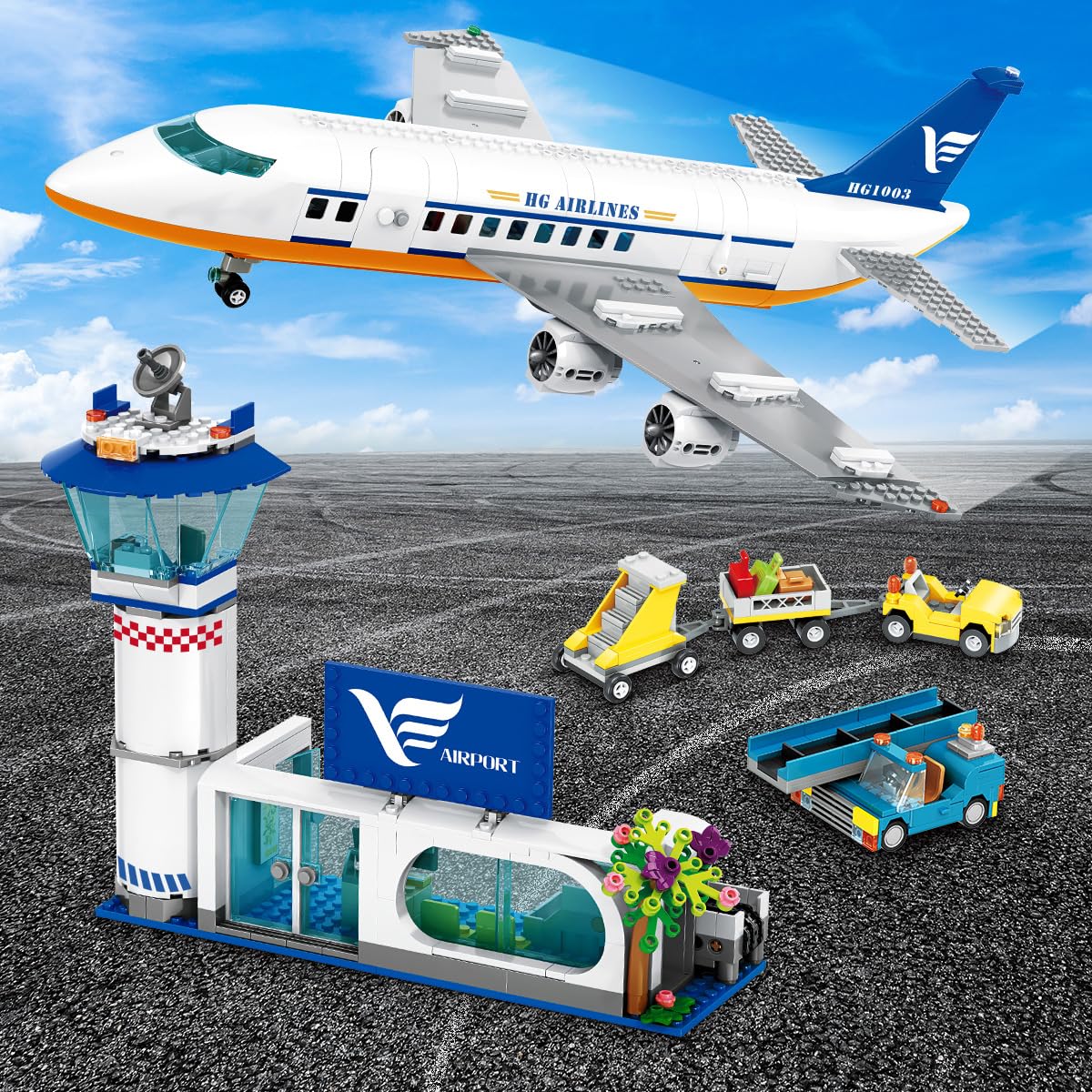 Cubimana Large City Passenger Airplane Building Toys With Led Light, 21 Inches Plane Building Sets With 2Pcs Luggage Trucks, Ter