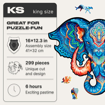 Unidragon Original Wooden Jigsaw Puzzles - Eternal Elephant, 299 Pcs, King Size 16''X12.3'', Beautiful Gift Package, Unique Shap