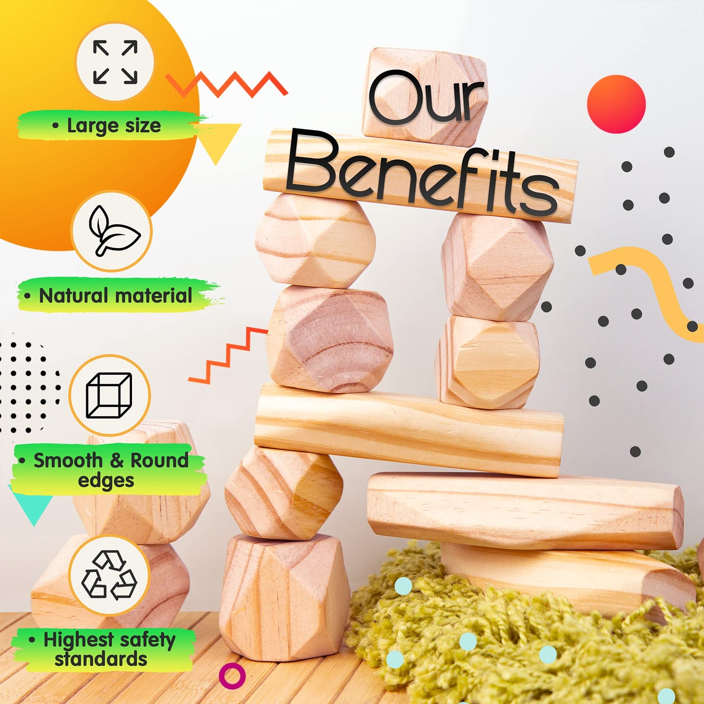 Panda Brothers Wooden Balancing Stones - Montessori Toys For 3 4 5 Year Old Kids And Toddlers Learning Sensory Toy, 20 Large Siz