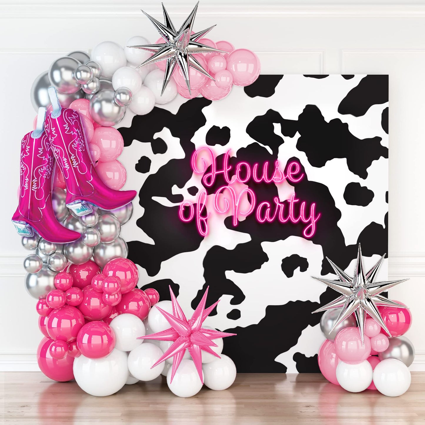 House Of Party Cowgirl Balloon Garland Kit | Hot Pink Pearl Pink Silver White Balloons With Spiky Star 18/12/10/5 Inch | Foil Ba