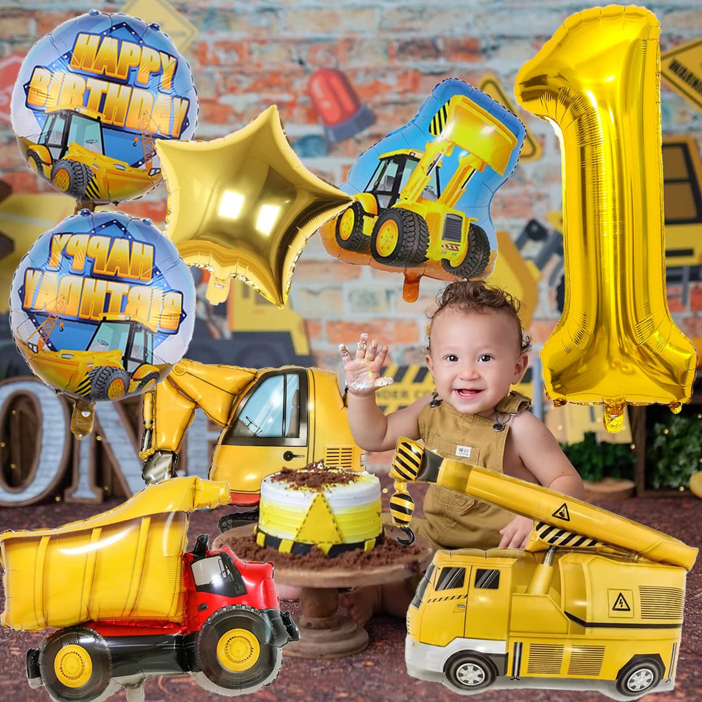 Construction Balloons 1St Birthday, 9Pcs 40 Inch Gold Number 1 Balloons With Large Excavator Dump Truck Crane Bulldozer Foil Myl