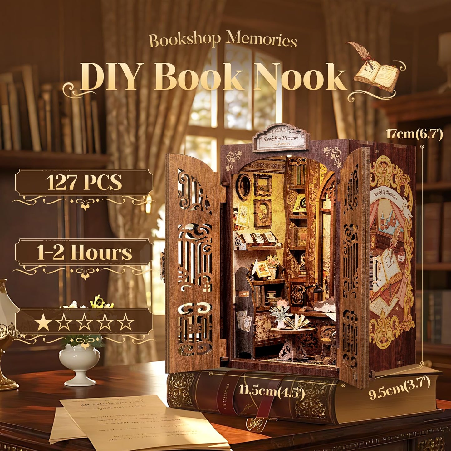 CUTEBEE DIY Book Nook Kit  Miniature House Kits for mature-themed and Teens  DIY Miniature Book Nook kit with Sensor Led Light  Gifts for Lovers and Family (Bookshop Memories)