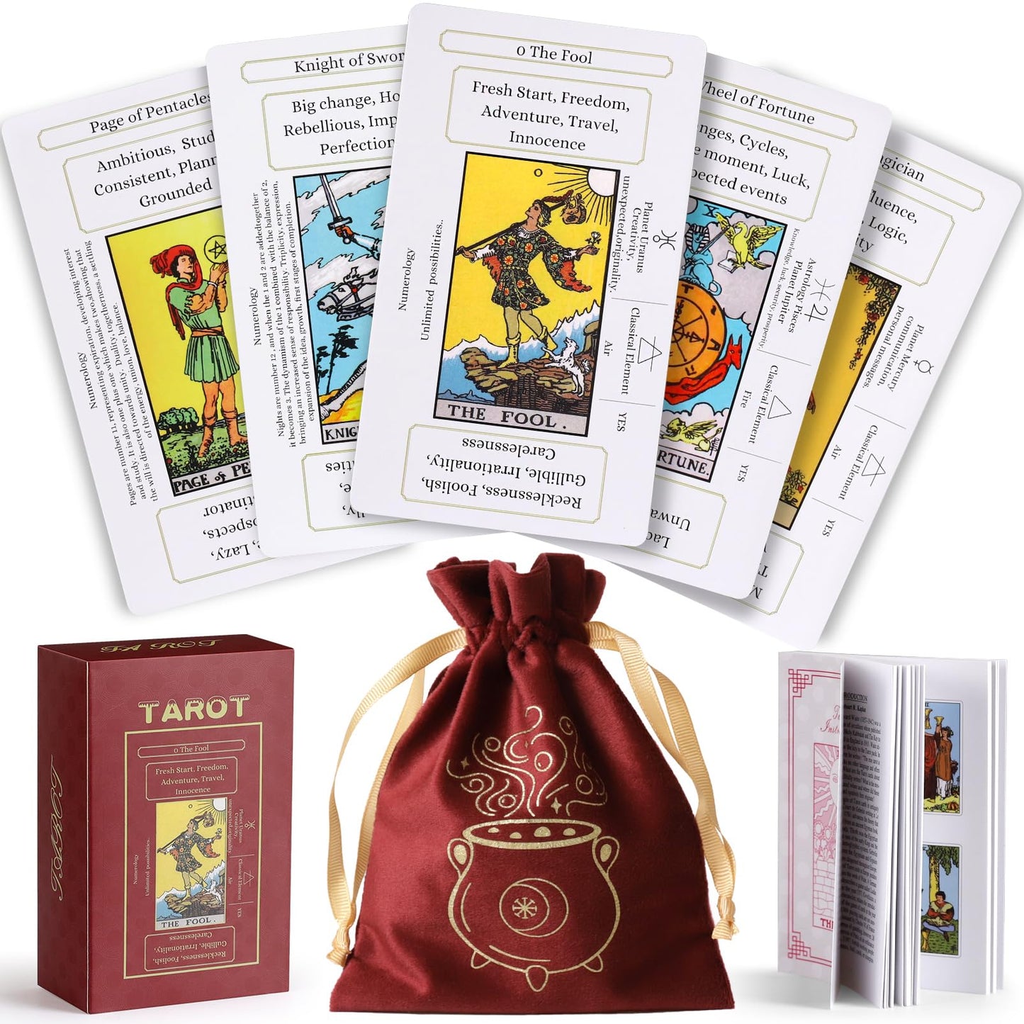 Erbacan Beginner Tarot Cards Deck-Tarot Cards With Meanings On Them-Tarot Deck With Guidebook(Free Soft Velvet Pouch Bag)