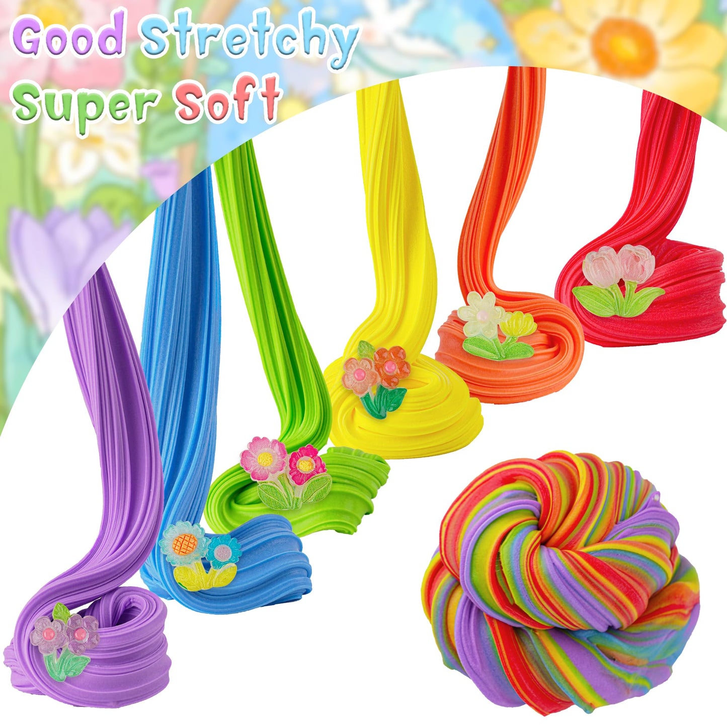 6 Pack Butter Slime Kit, Rainbow Slime For Kids, With Flower Slime Charms & Add-Ins, Slime Party Favors Sensory Toys, Holiday Bi