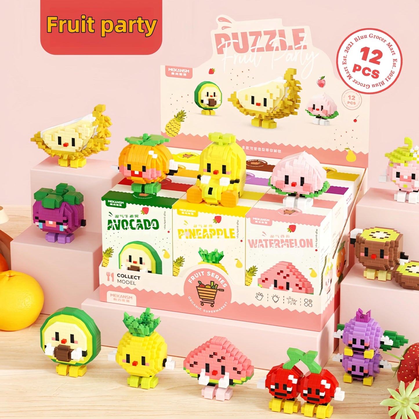 TIM CHESS Mini Fruit Theme Building Block Sets, Small Plastic, KK111, 12 Packs, Ideal for Gifts & Desk Decor