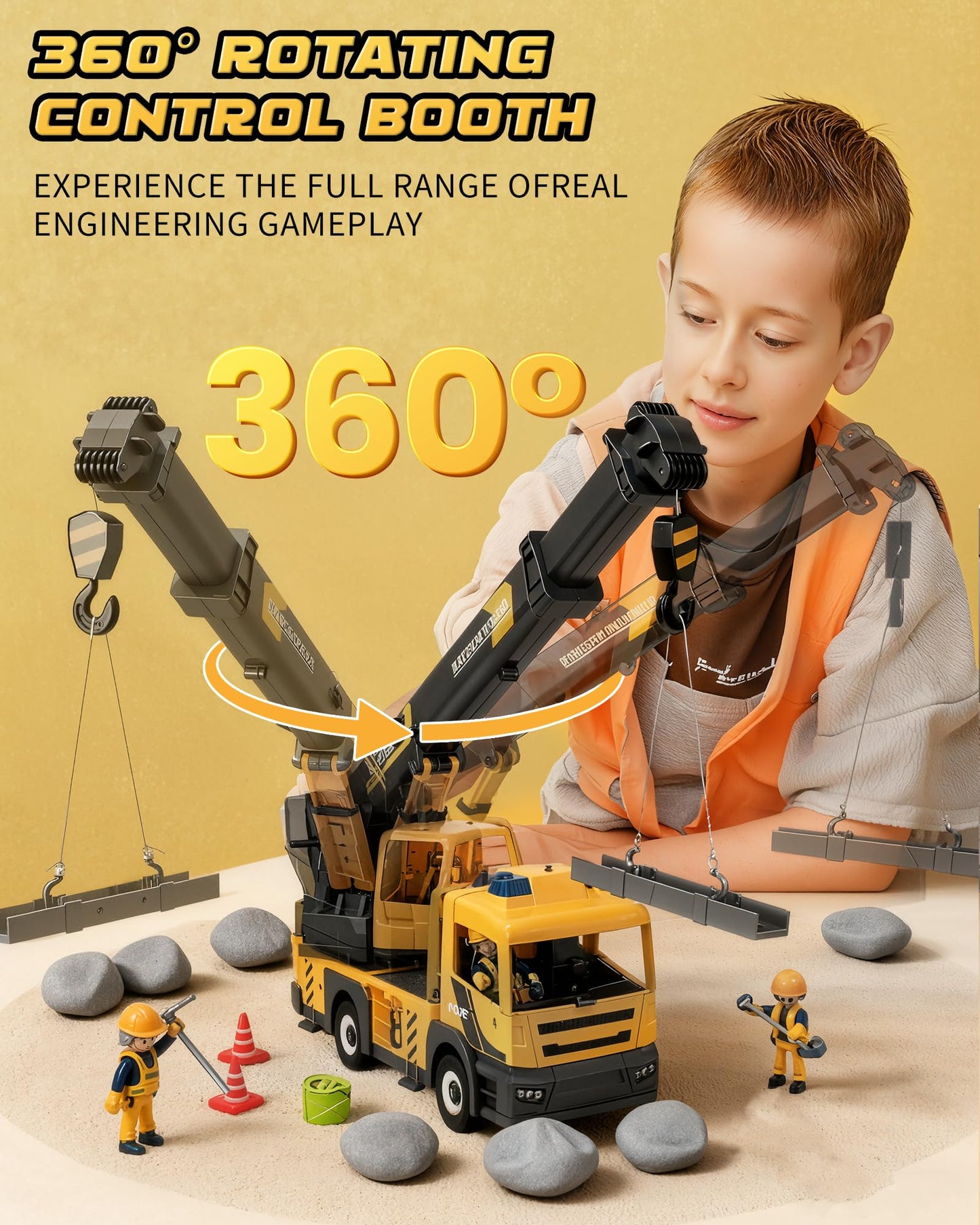 Coroiesty Large Crane Truck Toy - Extendable Arm, Lights & Sirens, Plastic, Yellow, Model QL888-20 for Kids 3-8 Years Old