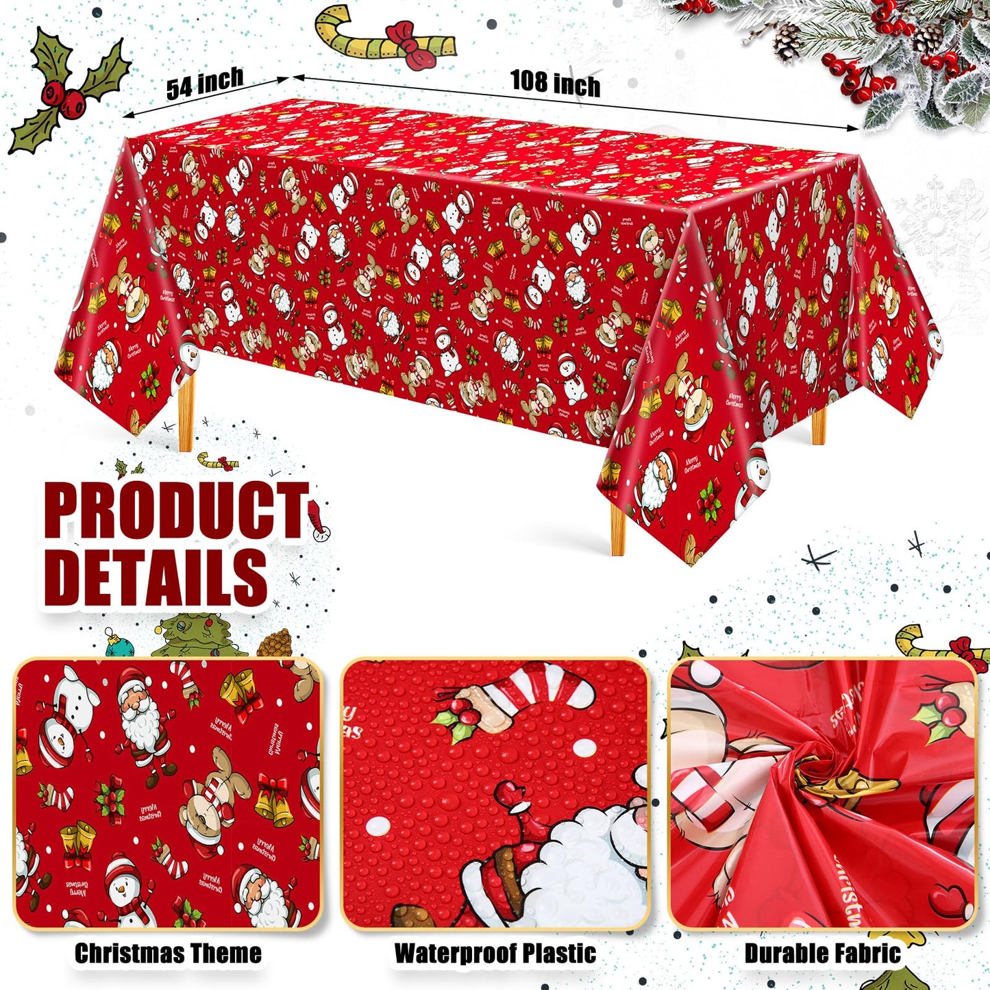 Newwiee 3 Pack Christmas Tablecloths 108 x 54 Inch Disposable Plastic Rectangle Table Cover Holiday Waterproof Tablecloth for Ch