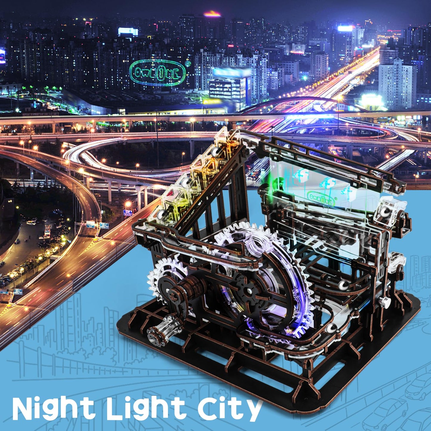 OWNONE 1 3D Wooden Puzzle Marble Run, LED Lights, Engineered Wood, Model GDL402, Black, 312 PCS Building Kit for Adults