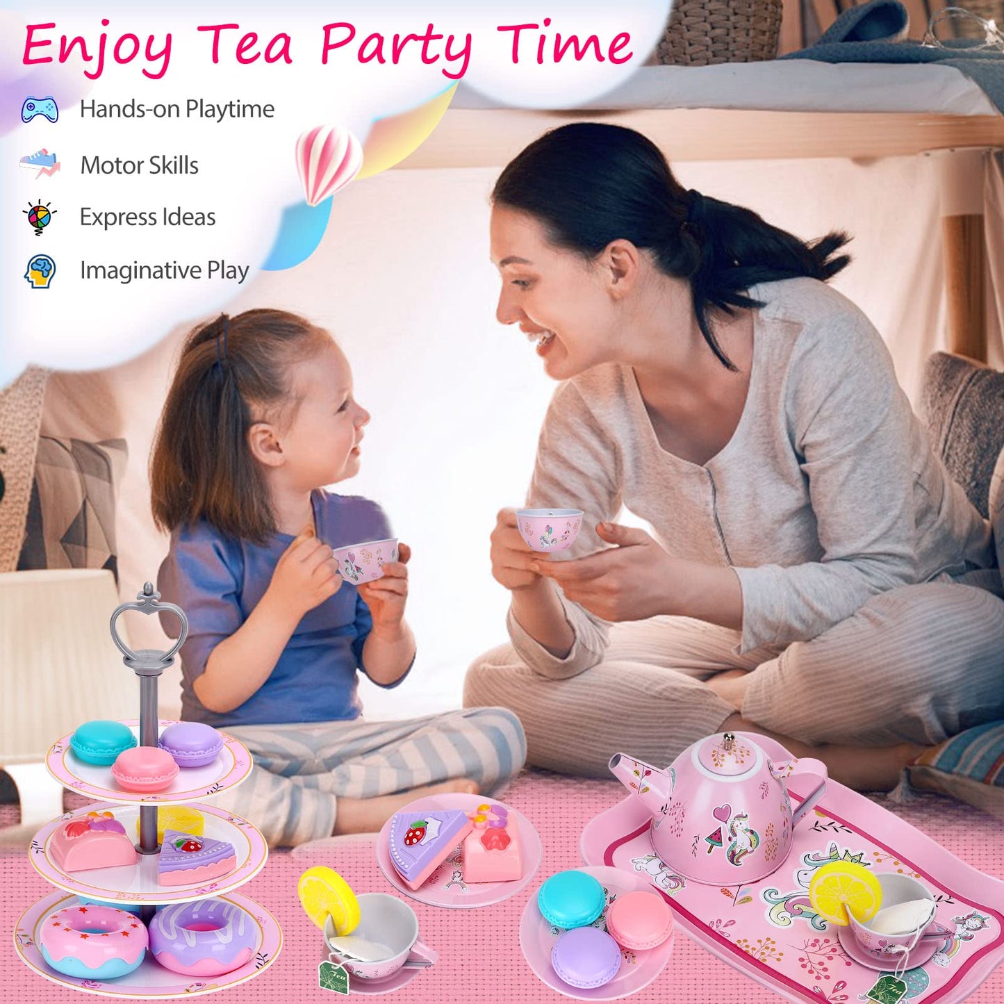 Auney Tea Set Toys for Girls 36pcs, Tin Unicorn Tea Party Set Toy Pretend Play Gifts for Little Girls Age 3-6, Kids Girls Toys G