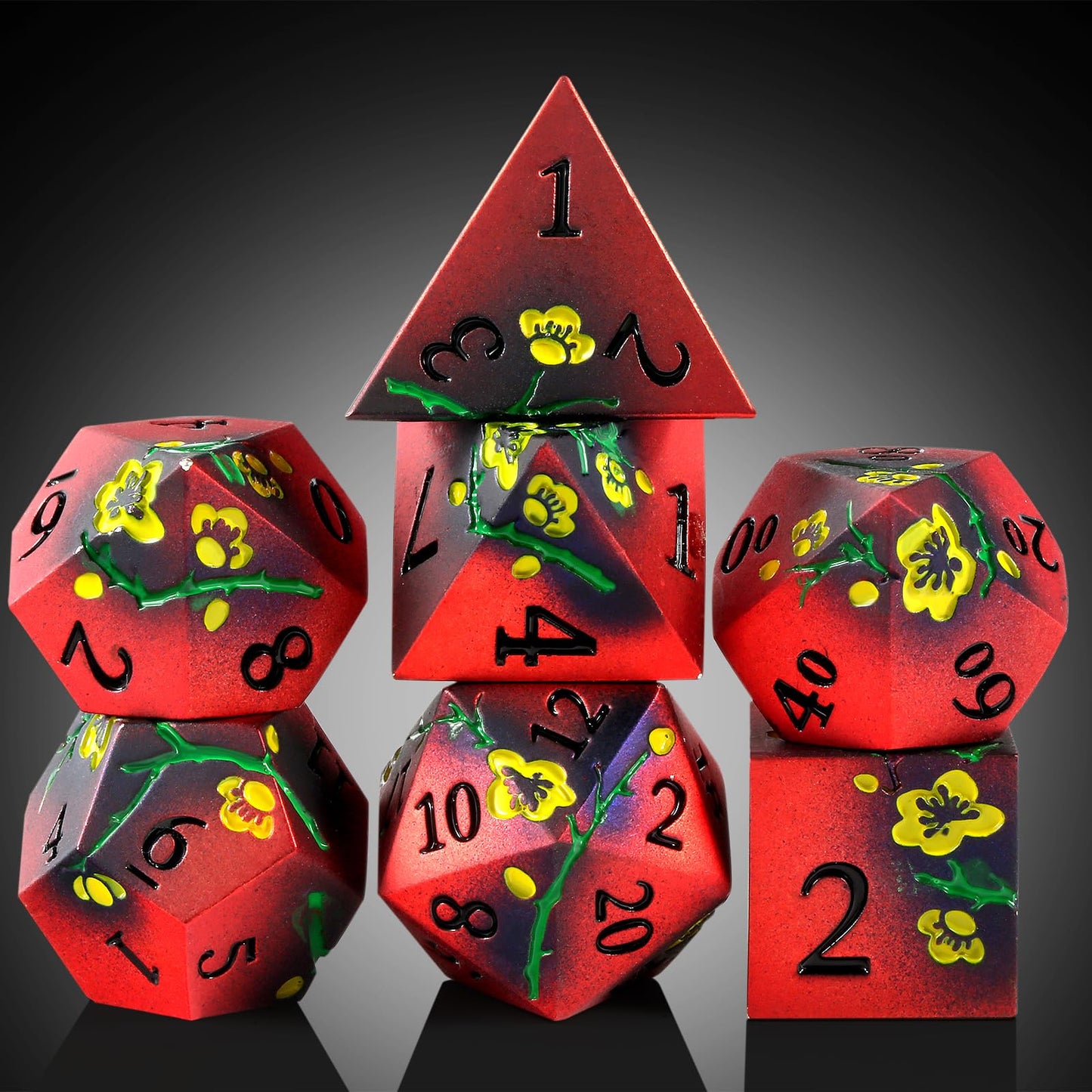 DNDND Metal Dice, 7 PCS Metallic Flowers D&D Dice with Gorgeous Gift Case for D&D Dungeons and Dragon Tabletop Game (Red and Yel
